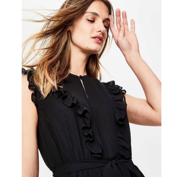 BODEN Elise Midi Dress in Black Draped Georgette Ruffle Notch Neck Size 12 - Picture 3 of 9